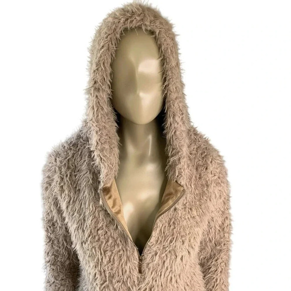 COUNTESS Faux Fur Fuzzy Zip Up Hooded Pea Coat Jacket Taupe Women Size M - Picture 2 of 16